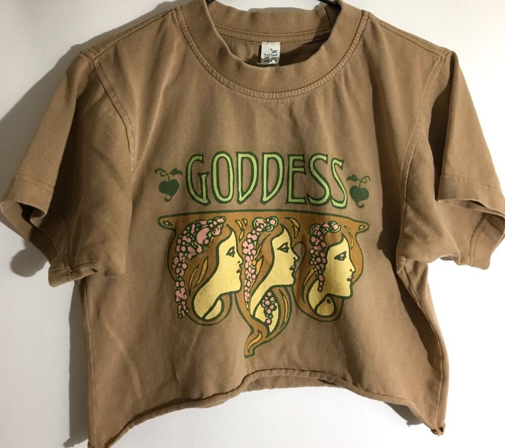 Art Nouveau Goddess Graphic Woman's Size Extra Small Beige Half Baby T-Shirt